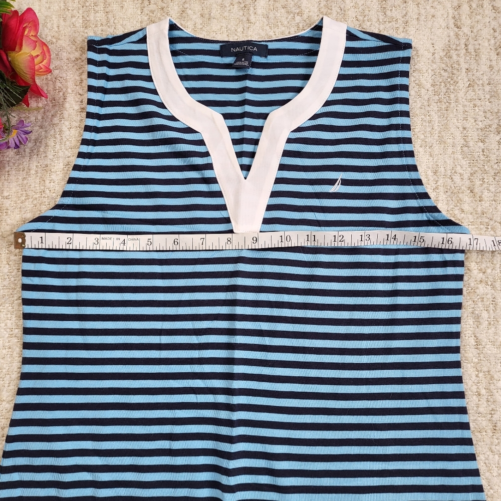 Nautica Blue Sheath V-neck Striped Sleeveless Logo Knee-length Dress - Picture 6 of 8